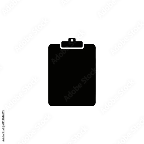 A simple black silhouette icon of a clipboard isolated on a clean white background.