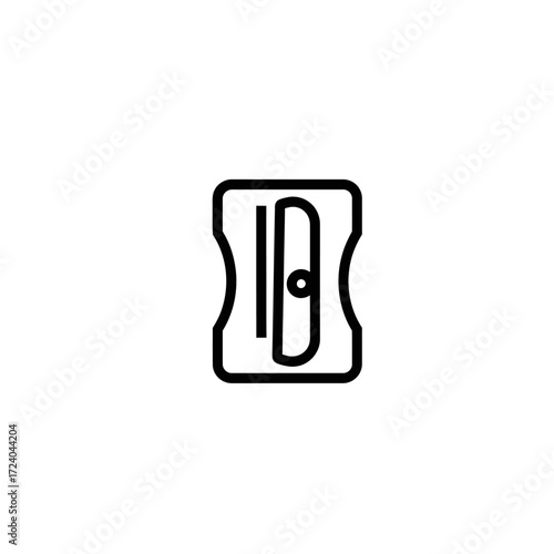 Simple black and white line art illustration of a pencil sharpener.
