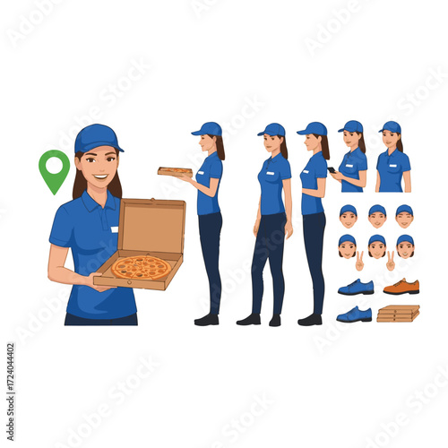 Female courier with pizza box. Character creation kit for animation including front, side, and back views. Comes with body parts, gestures, and multiple poses.
