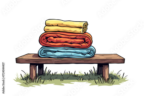 Stack of folded towels on a wooden bench with grass on a transparent background