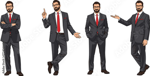 Businessman character poses, cartoon style, confident gestures, suit and tie, beard and glasses, white background, professional look, illustration set
