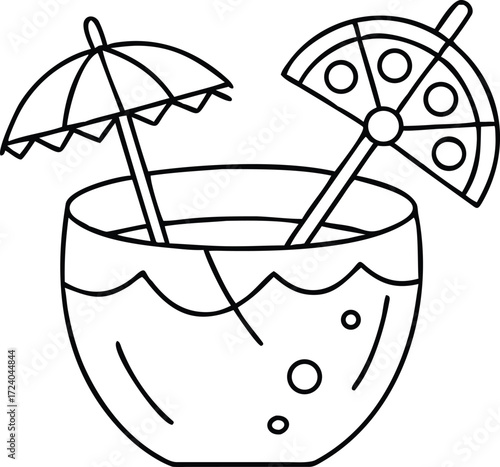 Outlined vector illustration of a coconut cocktail drink with umbrella and garnish