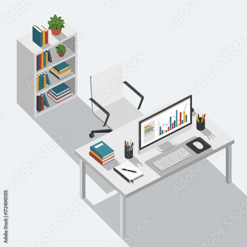 Isometric office setup with desk, chair, computer, bookshelf, and office supplies.