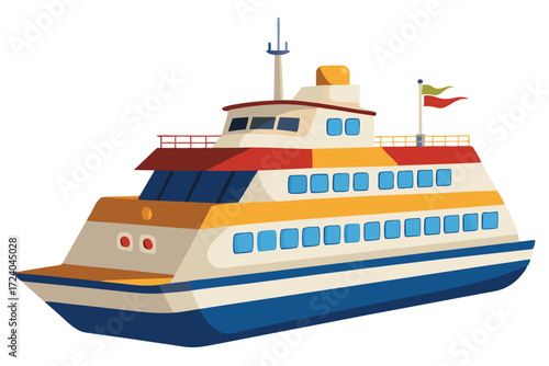 Cartoon passenger ferry with blue windows and colorful flags floats on an isolated background