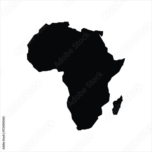 Black silhouette map of Africa with detailed coastline, Madagascar island, and major landform shapes on clean white background.