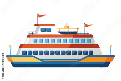 Ferryboat features white and orange decks with numerous windows and is ready to transport