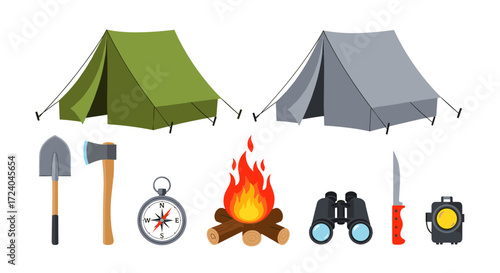 Collection of camping equipment and outdoor adventure gear.