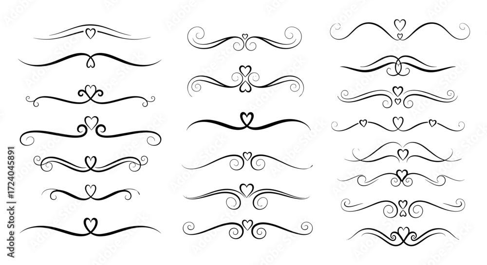 Obraz premium A collection of decorative ornamental flourishes with elegant heart shapes and swirling designs for embellishment.