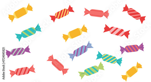 An assortment of colorful wrapped candies scattered randomly on a white background.
