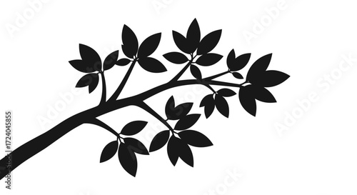 A silhouette of a tree branch with leaves against a white background.