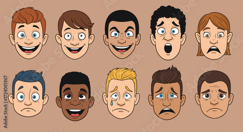 A collection of ten cartoon faces displaying a variety of human emotions including joy surprise anger fear and sadness.