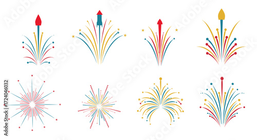 A collection of vibrant and colorful fireworks exploding in the night sky.