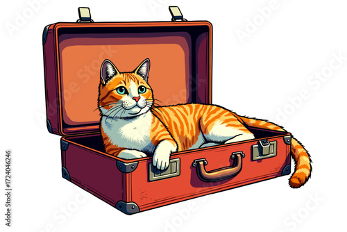 Cat lying in an open suitcase on a transparent background
