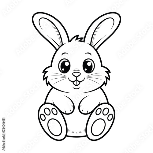 Cute cartoon bunny illustration with fluffy fur, large expressive eyes, floppy ears, and paw prints, black and white line art