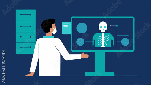 AIAssisted Radiology A radiologist examining medical scans on a screen with an AI overlay that highlights areas of concern for detailed analysis.
