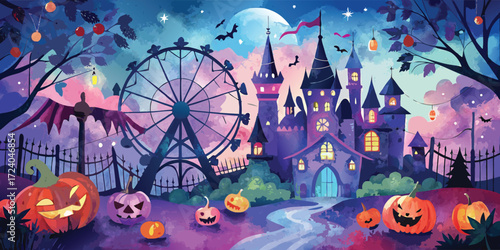 Halloween Night Fairground with Haunted Castle and Pumpkins – Watercolor Fantasy Illustration