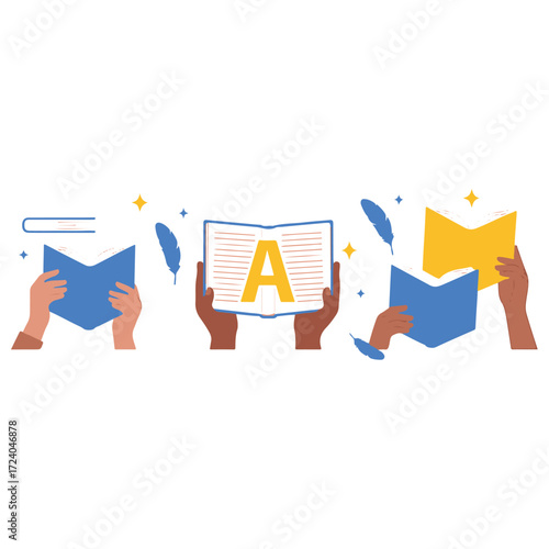 Hands holding open and closed paper books. Concept for literature, libraries, book exchange, and bookcrossing. Vector illustration.
