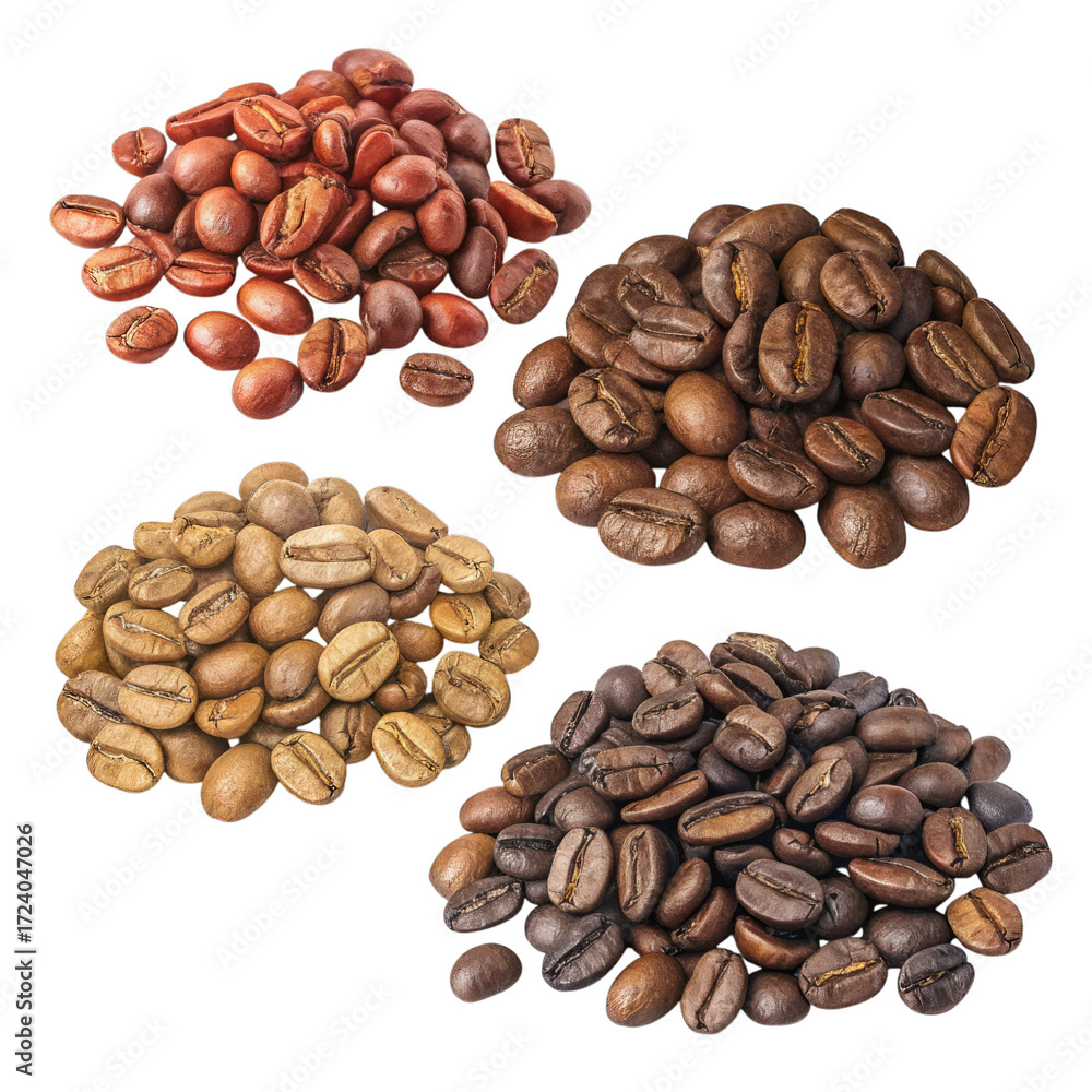 Fototapeta premium Watercolor Collection of coffee beans aromatic roasted coffee beans in various piles isolated on a transparent background