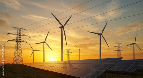 Renewable energy farm with wind turbines and solar panels at sunset with power lines
