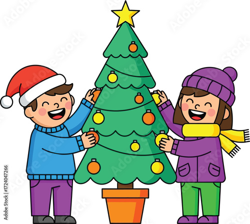 Happy children decorating a christmas tree together festive season vector