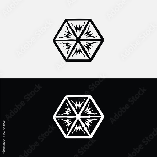 Monochrome hexagon logo design featuring a stylized sun or burst pattern, presented in both black on white and white on black variations, isolated on white background