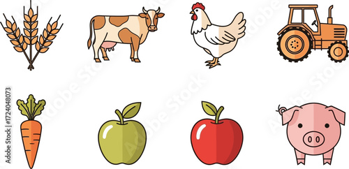 Farm life icons wheat cow chicken tractor carrot apple pig fruits vector