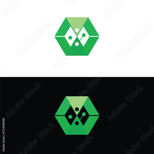 Modern hexagon logo design featuring a circuit board pattern in green, presented in both light and dark background variations, isolated on white background