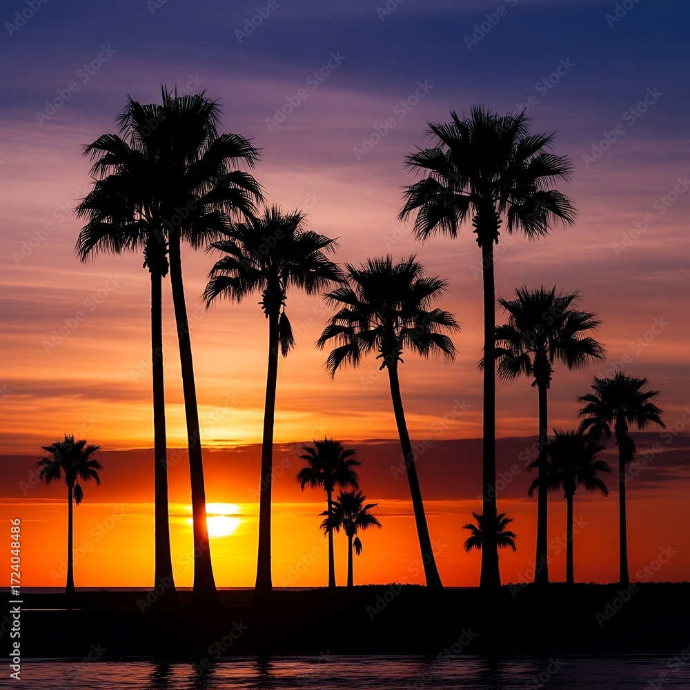 Obraz premium Sunset Palm Trees Beach Scene.