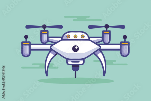 Cartoon drone with black propellers and stylized white frame floats against teal backdrop