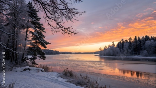 Sunset on the shore of a snow-covered river