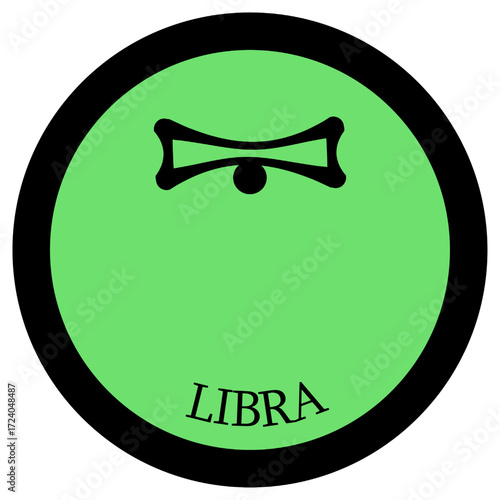 Circle with the zodiac sign Libra. The sign Libra in a green circle with a black rough border. The inscription Libra below the circle.