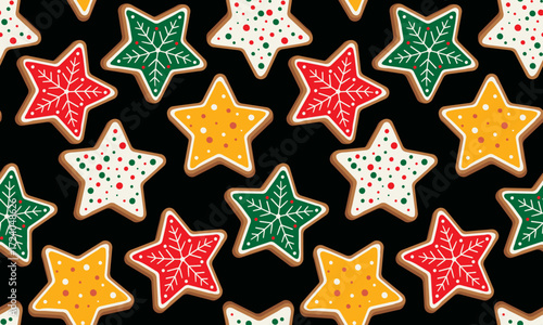 creative festive seamless christmas holiday gingerbread cookies snowflakes and dots black background wrapping paper or fabric