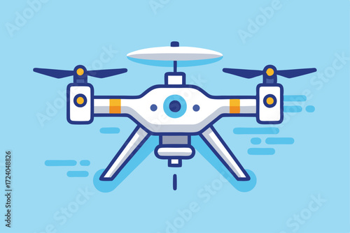 A stylish white drone with navy blue blades flies gracefully over light blue backdrop