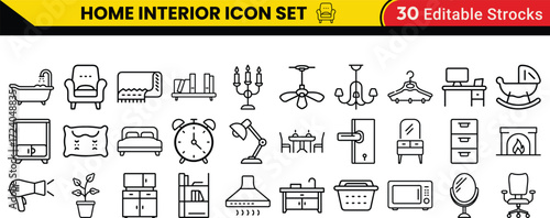 Furniture and House decoration icon set. Contains such icons as Sofa, Ceiling fan, Door with handle, Mirror round etc