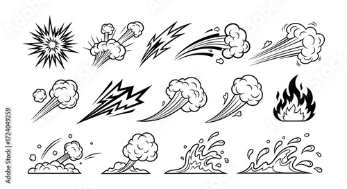 Dynamic collection of hand-drawn comic book motion effects, speed lines and action elements