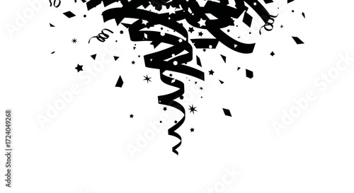 Dynamic burst of swirling monochrome confetti, festive streamers, and stars for a celebration