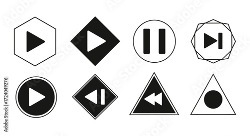 A collection of minimalist black and white geometric media player control buttons for UI design