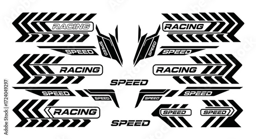 Abstract racing sport graphic kit with dynamic chevron stripes for vehicle vinyl wrap design