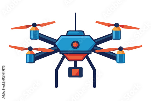 Blue quadcopter drone with orange propellers is flying on a white background