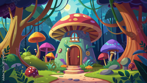 Fairytale house in a giant fantasy mushroom. House of mystical creatures in a fairy forest. Post-processed digital 