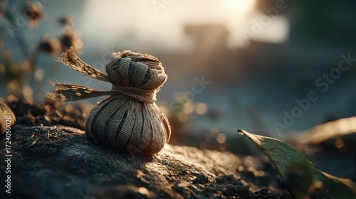 Rustic Fabric Bundle on Natural Ground with Soft Light Bokeh Effect