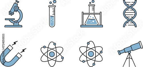 Science icons collection microscope test tube flask dna magnet atom telescope vector