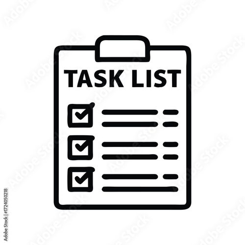 Black and White Task Checklist Icon on White Background