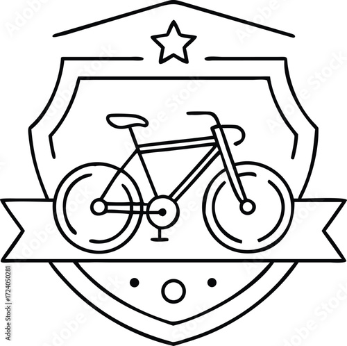 Monochrome bicycle emblem with star and ribbon accents in a shield design