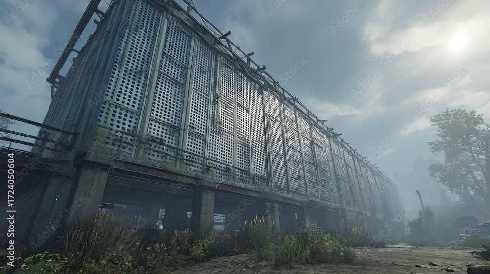 Obraz premium Rustic Industrial Building with Weathered Surface and Cloudy Sky