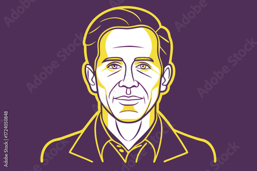 A bold, graphic portrait of a man, rendered in a vibrant, distinctive line-art style.