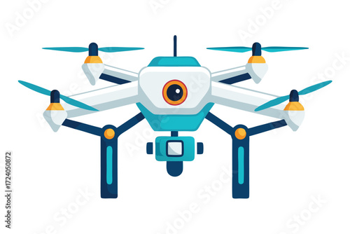 Modern cartoon drone with blue propellers and camera features a white transparent background