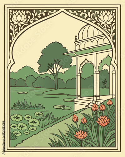 Ornate royal mughal frame with exotic garden and lotus flower design