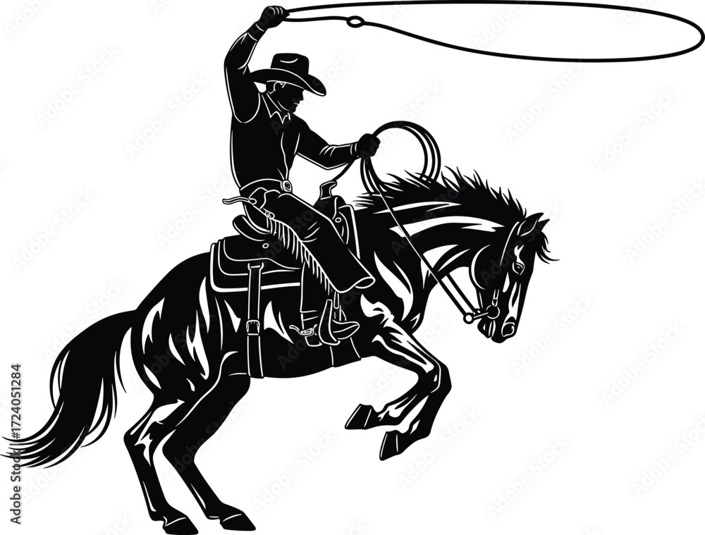 Fototapeta premium Cowboy riding horse silhouette, western action scene, lasso swing, dynamic pose, ranch culture, black illustration, rearing horse, wild west