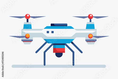 Flat shows a blue and white quadcopter drone with red and orange accents